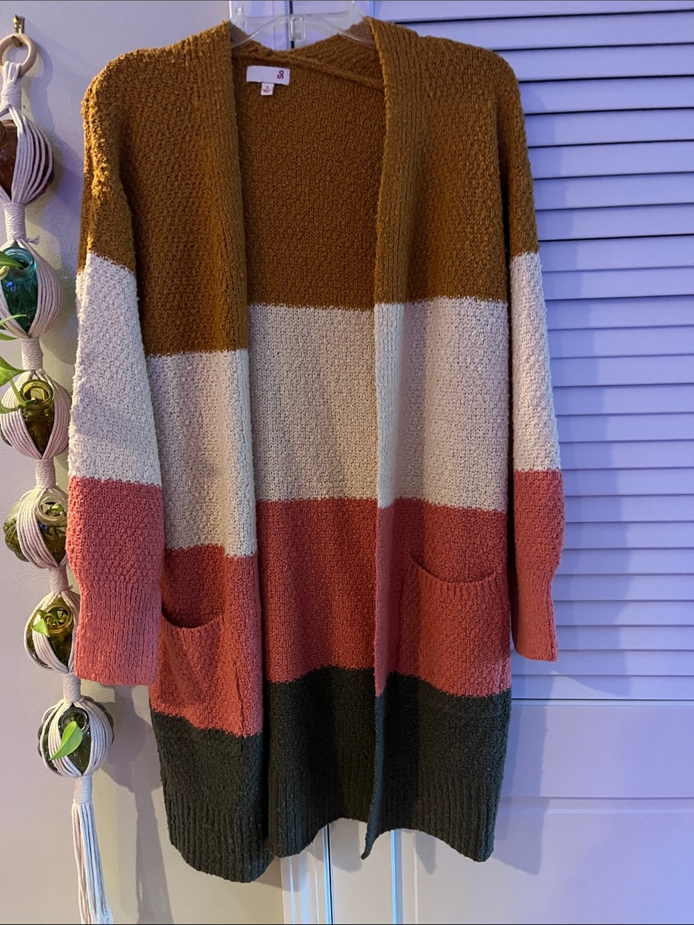SO Colorblock Open-Front Cardigan in Mustard, Cream, Coral & Olive